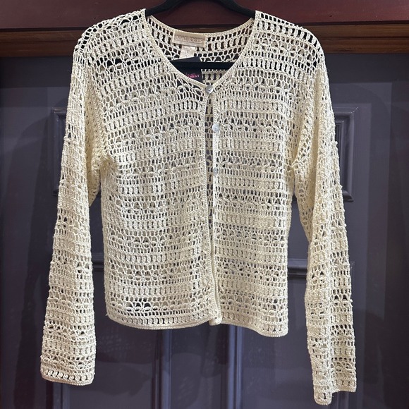 Maurices Sweaters - Vintage Boho Crochet Open Knit Cardigan Cream Shell Button Top Beacy Layers M